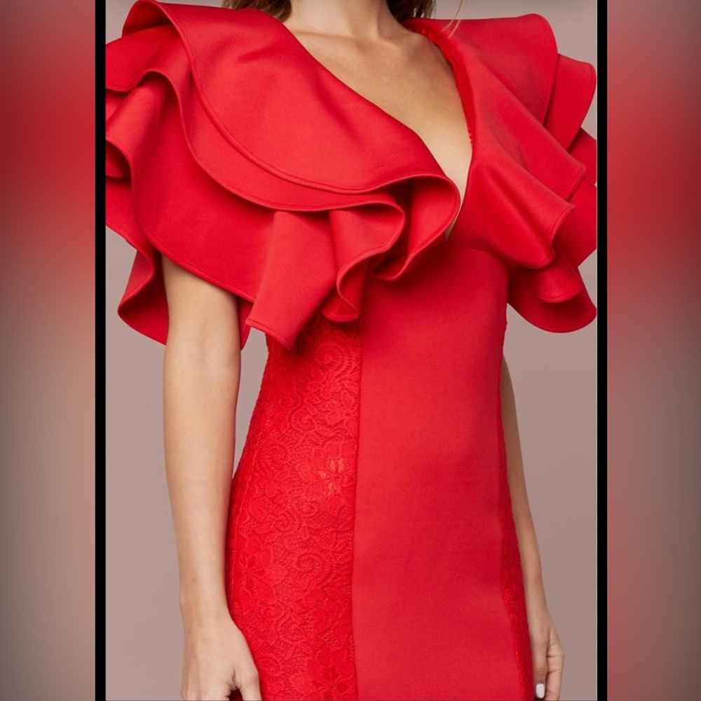 Bebe Red Deep V Ruffled Sheath Dress